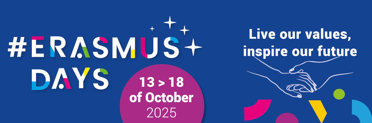 Graphik: Auf blauem Hintergrund ist auf der linken Seite der Schriftzug "Hashtag Erasmus Days 13. bis 18. Oktober 2025" zu lesen. Auf der rechten Seite ist das Motto "Live our values, inspire our future" zu lesen.